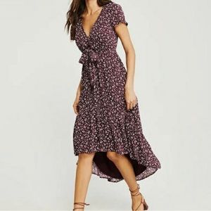 Abercrombie & Fitch maroon floral high low dress with cutout/tie detail